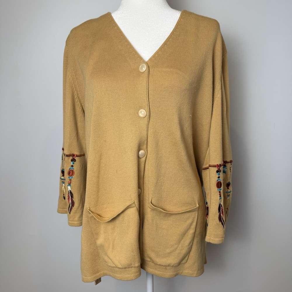 Bob Mackie Wearable Art Dream Catcher Embroidered Camel Cardigan Sz XL